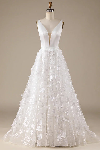 Aimishang Ivory A-Line V-Neck Wedding Dress with 3D Flowers