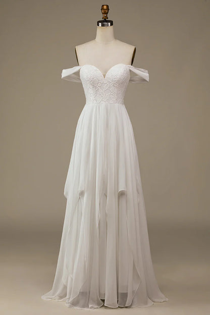 Aimishang Ivory Boho Chiffon Asymmetrical Wedding Dress with Lace