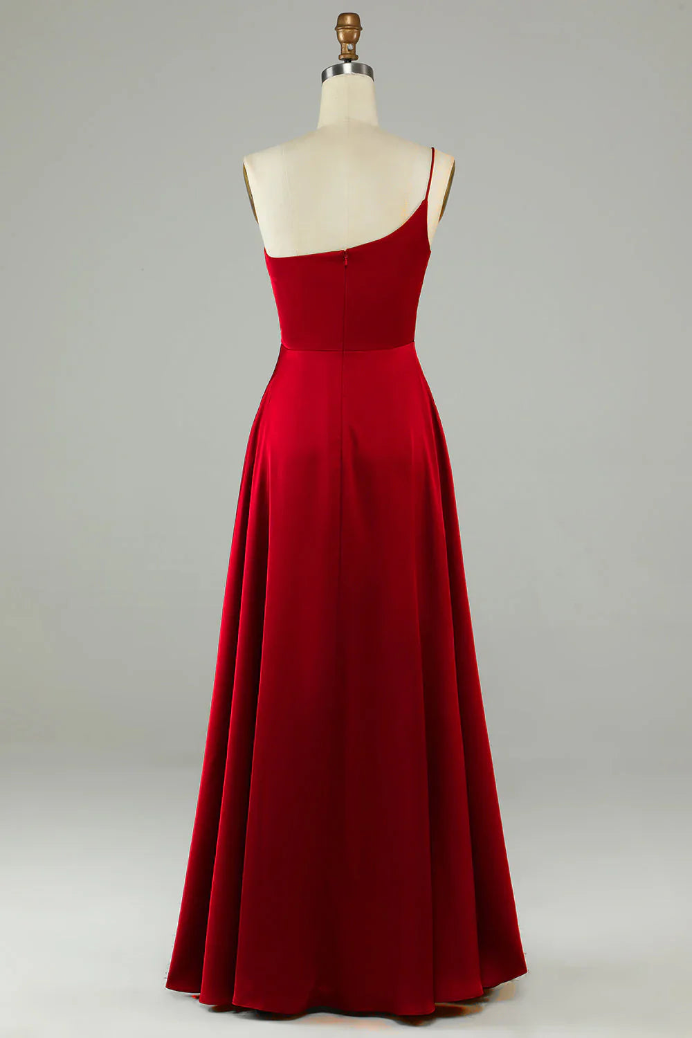 A-shaped ruffled edge one shoulder wine red long bridesmaid dress