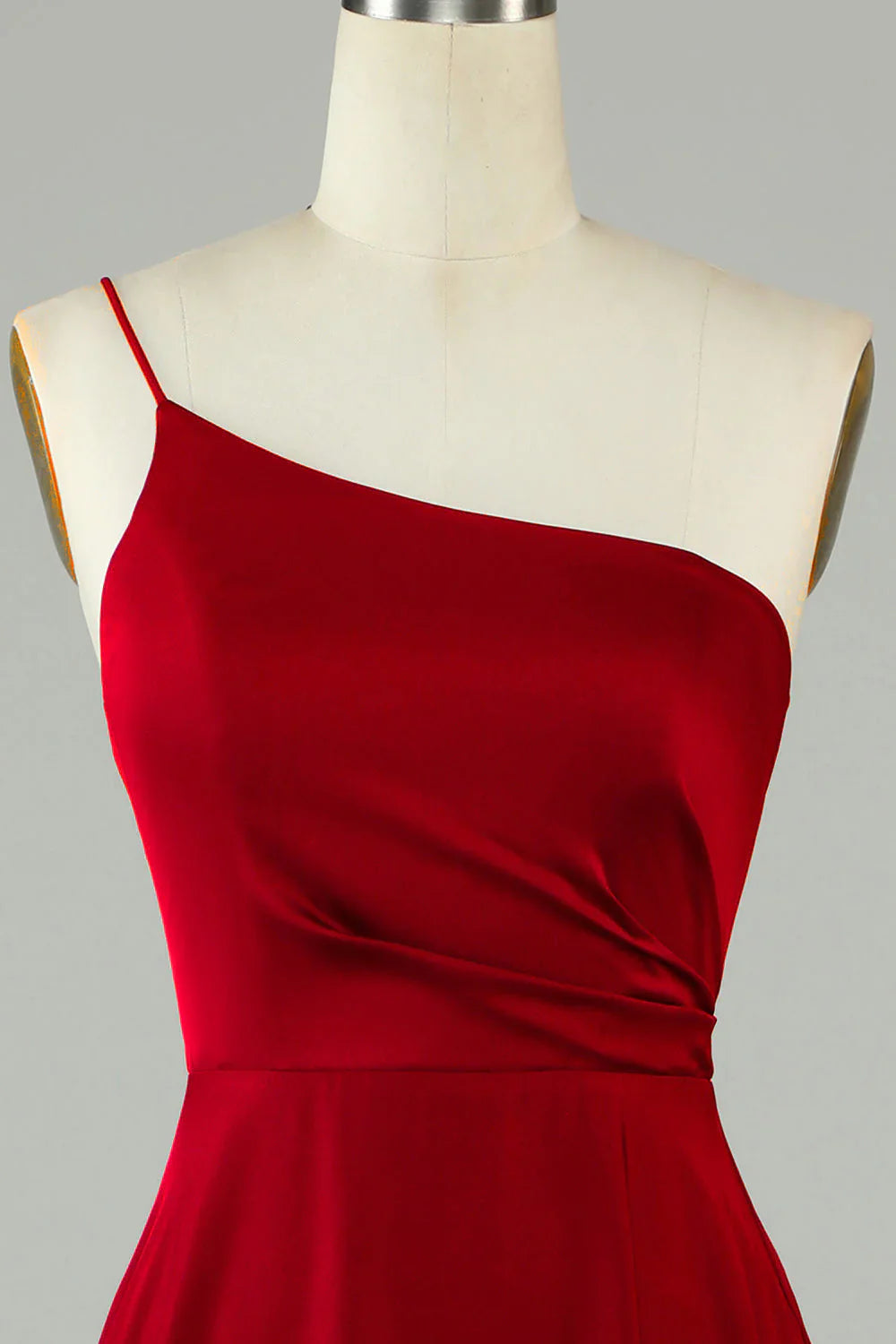 A-shaped ruffled edge one shoulder wine red long bridesmaid dress