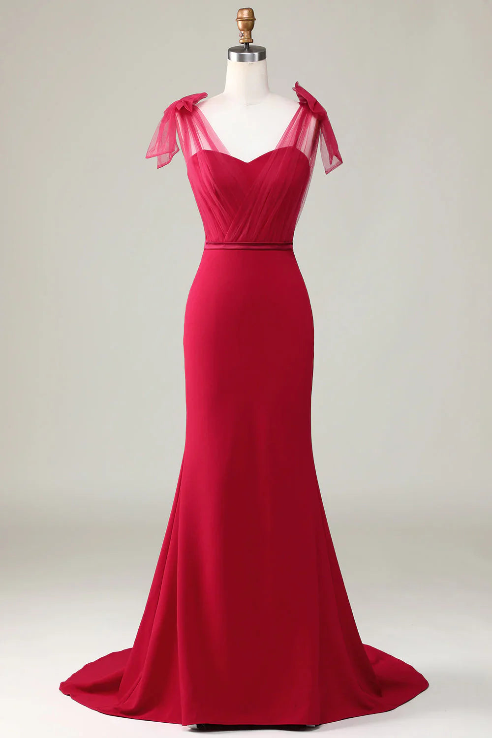 Bowtie fishtail satin wine red long bridesmaid dress