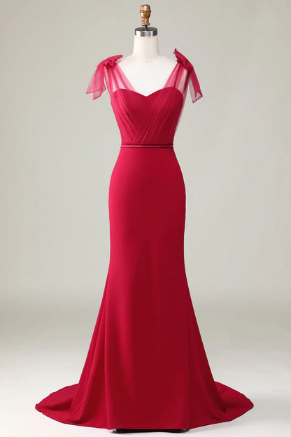 Bowtie fishtail satin wine red long bridesmaid dress