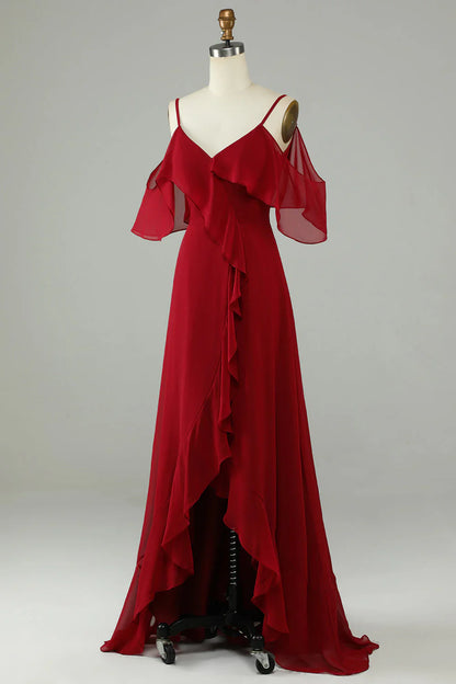 Asymmetric Ruffle Edge Cold Shoulder Wine Red Long Bridesmaid Dress