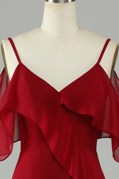 Asymmetric Ruffle Edge Cold Shoulder Wine Red Long Bridesmaid Dress