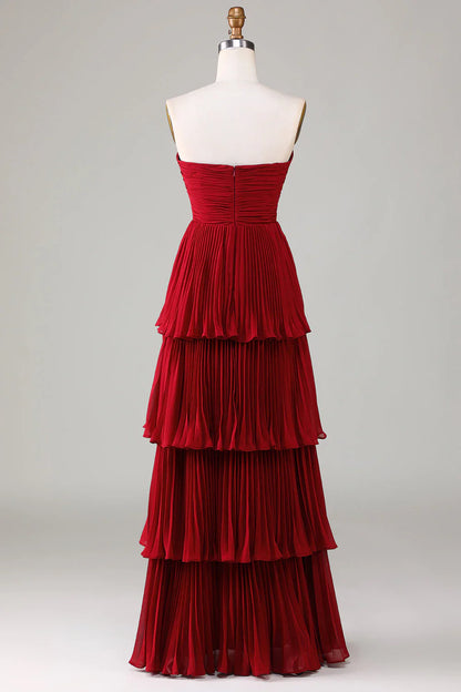 Strapless layered wine red long bridesmaid dress