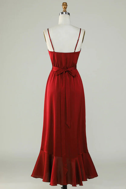 Spaghetti Straps Burgundy Bridesmaid Dress with Ruffles