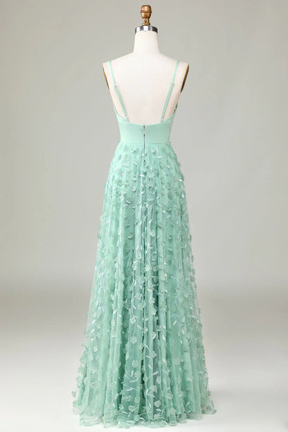 A-line thin shoulder strap sleeveless green bridesmaid dress