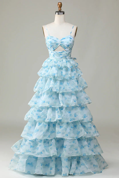 Spaghetti Straps Cut Out Tiered Blue Bridesmaid Dress