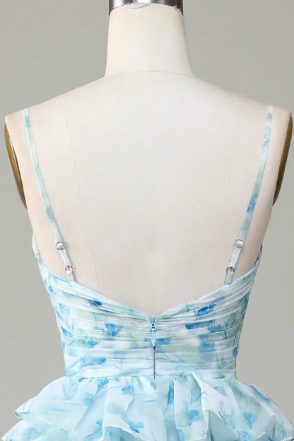 Spaghetti Straps Cut Out Tiered Blue Bridesmaid Dress