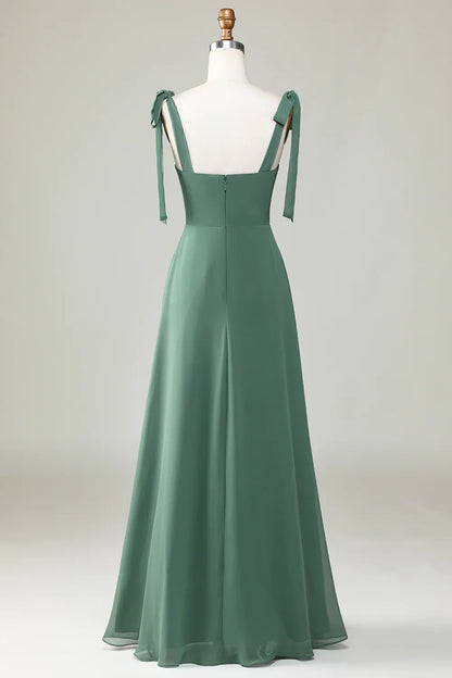 Eucalyptus Tie Straps A Line Bridesmaid Dress With Slit