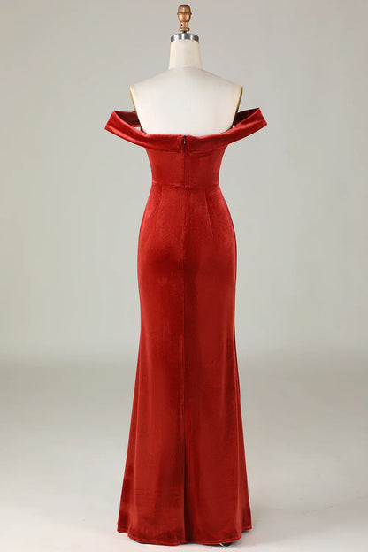 Velvet Off The Shoulder Terracotta Bridesmaid Dress