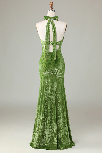 Velvet Halter Olive Bridesmaid Dress