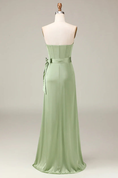 Matcha Strapless Corset A-line Satin Bridesmaid Dress with Slit
