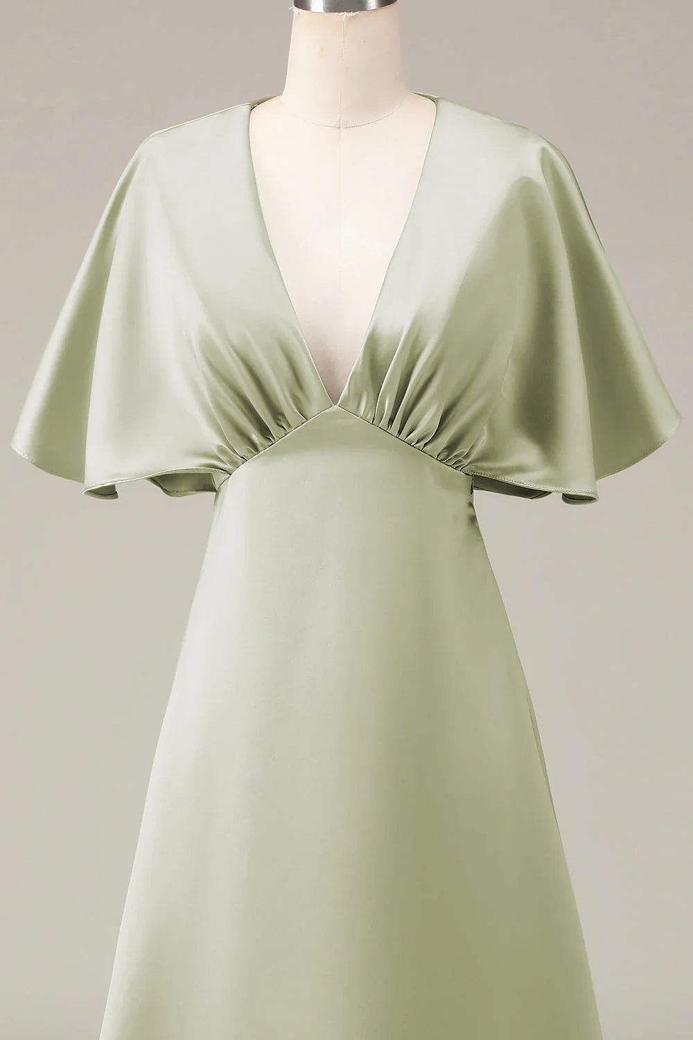 Dusty Sage V-neck short sleeved A-line satin bridesmaid dress