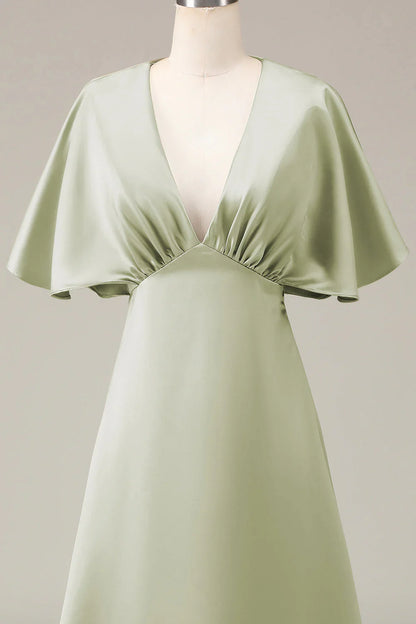 Dusty Sage V-neck short sleeved A-line satin bridesmaid dress