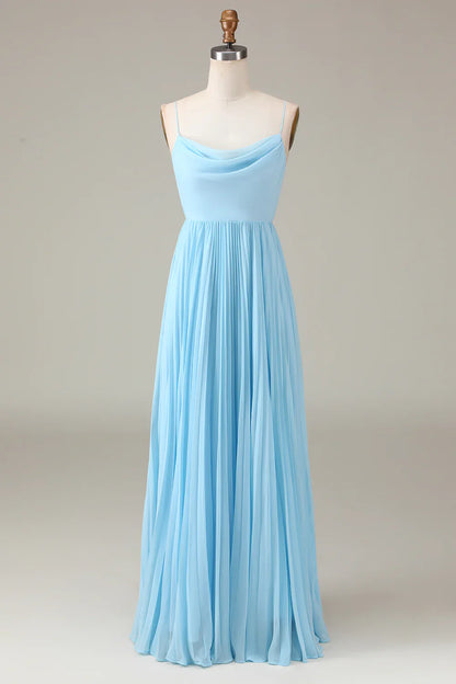 Sky Blue Spaghetti Straps Cowl Neck Pleated Open Back A-line Chiffon Bridesmaid Dress