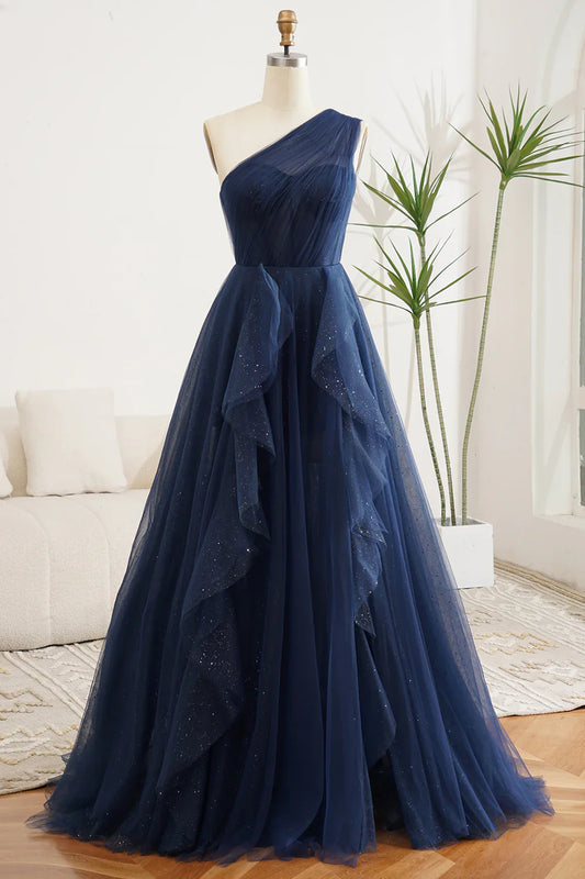 A Line Navy Blue One Shoulder Chiffon Long Ball Dress