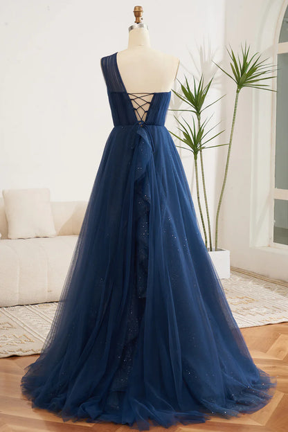 A Line Navy Blue One Shoulder Chiffon Long Ball Dress