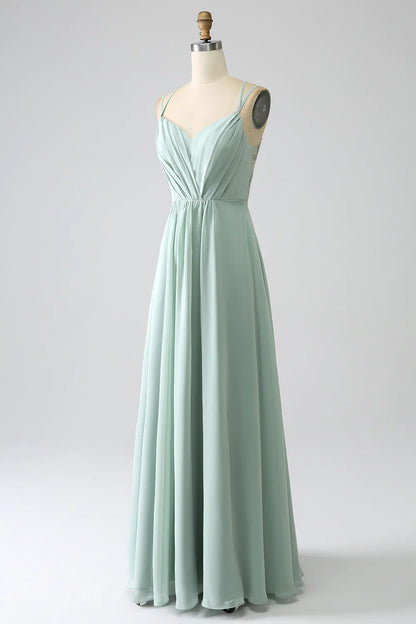 Matcha A-Line Spaghetti Straps Backless Pleated Long Bridesmaid Dress