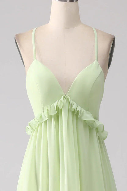 Light green A-line thin shoulder strap backless lotus leaf side length bridesmaid dress