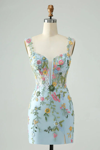 New Fashion Floral Embroidery Design A-line Strap Short Homecoming Dress HZ1024