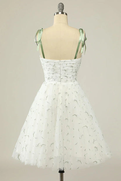 Stylish Spaghetti Straps White Floral Design A-line Spaghetti Strap Homecoming Dress HZ1024