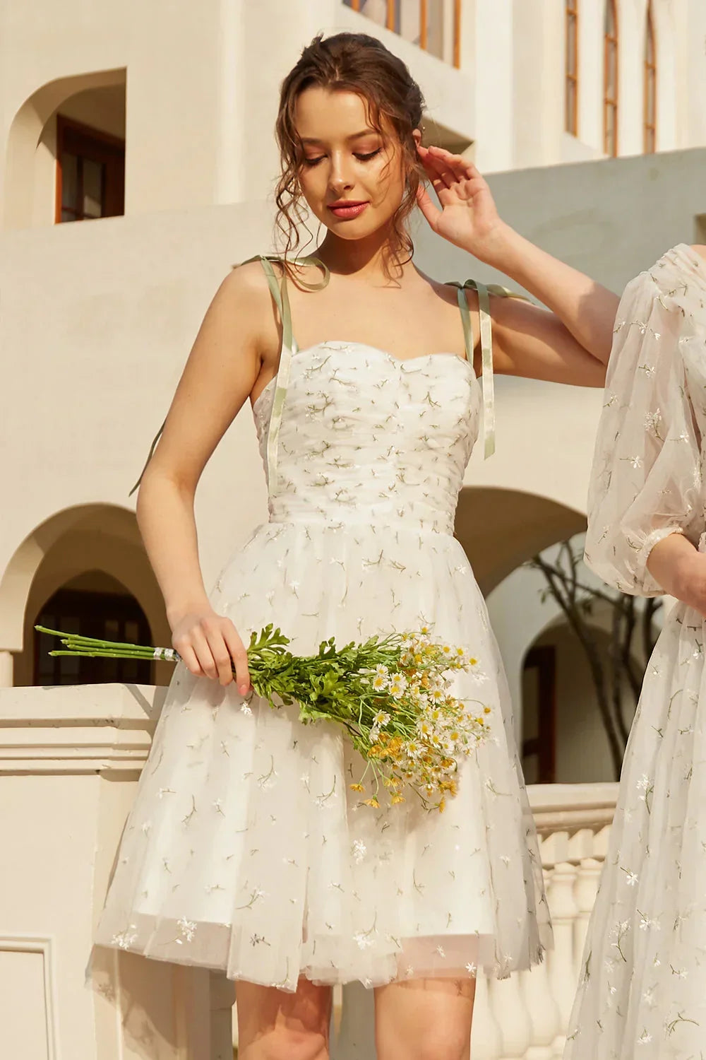Stylish Spaghetti Straps White Floral Design A-line Spaghetti Strap Homecoming Dress HZ1024