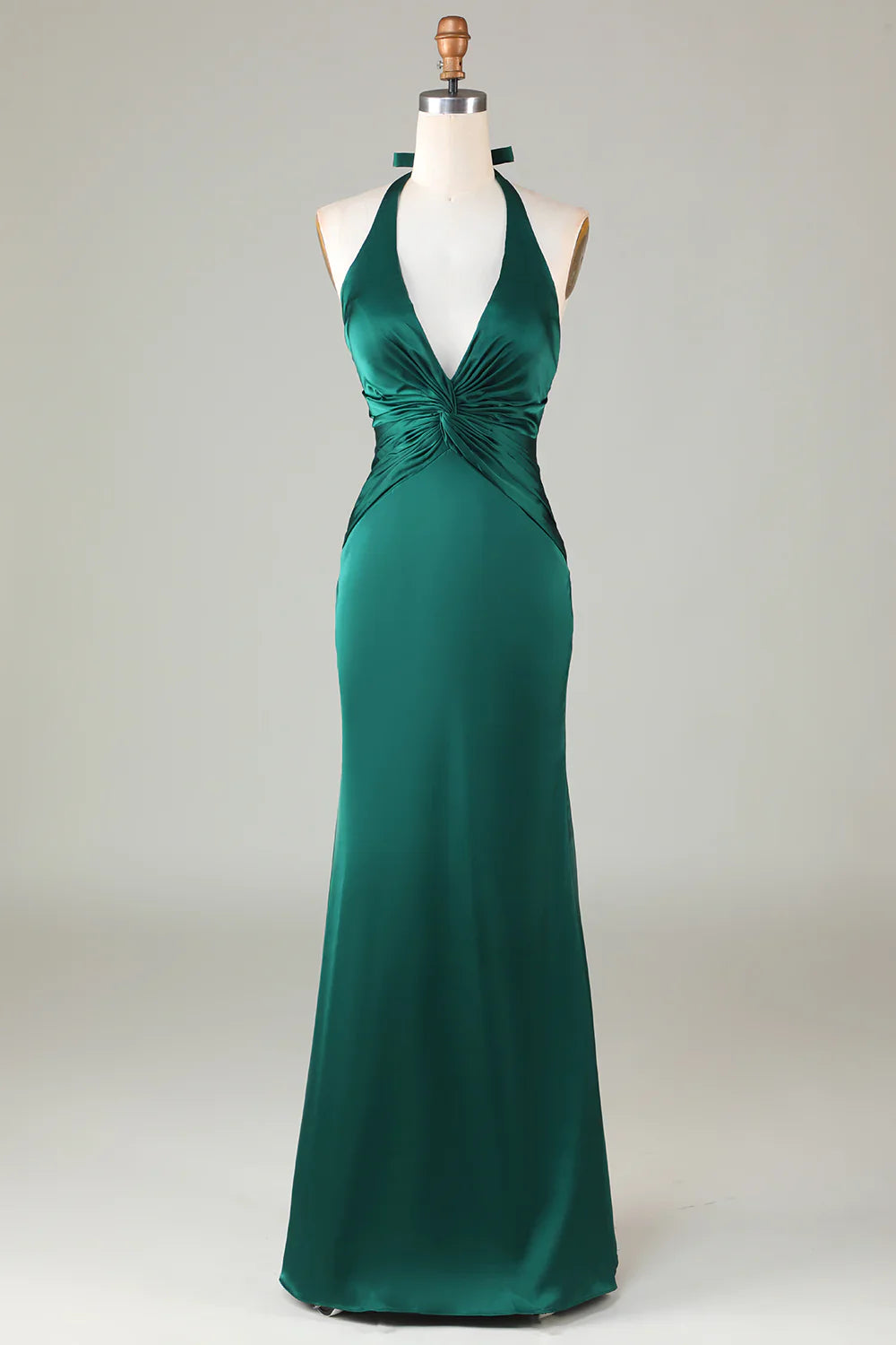 Jimiss-Fish tail hanging neck deep green long satin bridesmaid dress