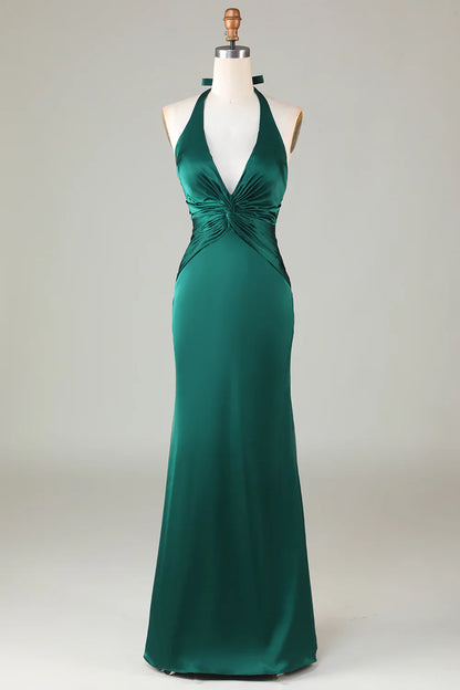 Jimiss-Fish tail hanging neck deep green long satin bridesmaid dress