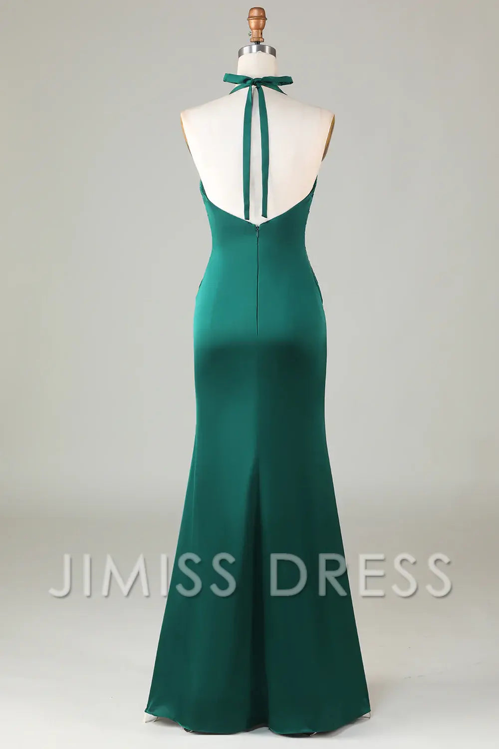 Jimiss-Fish tail hanging neck deep green long satin bridesmaid dress