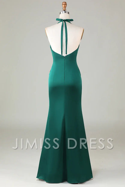 Jimiss-Fish tail hanging neck deep green long satin bridesmaid dress