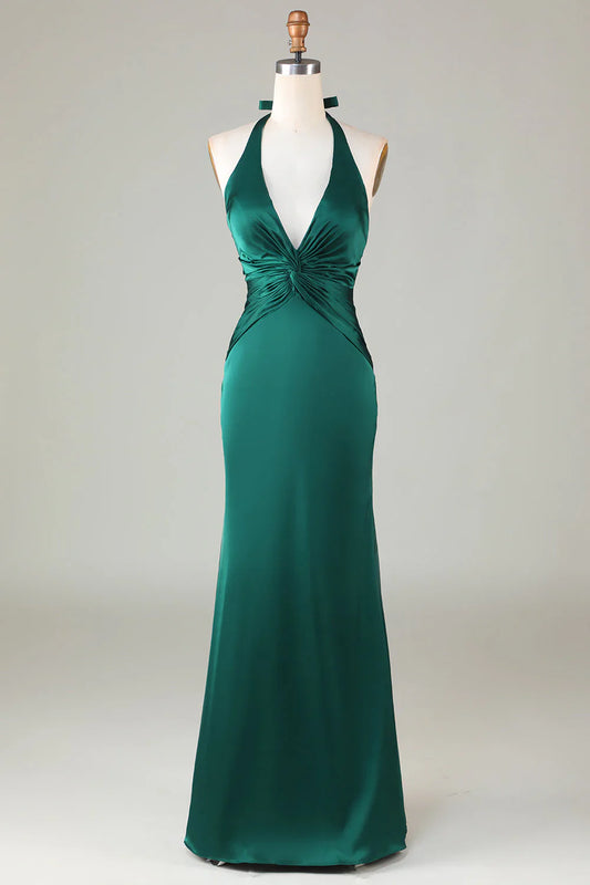 Fish Tail Hanging Neck Dark Green Bridesmaid Dress