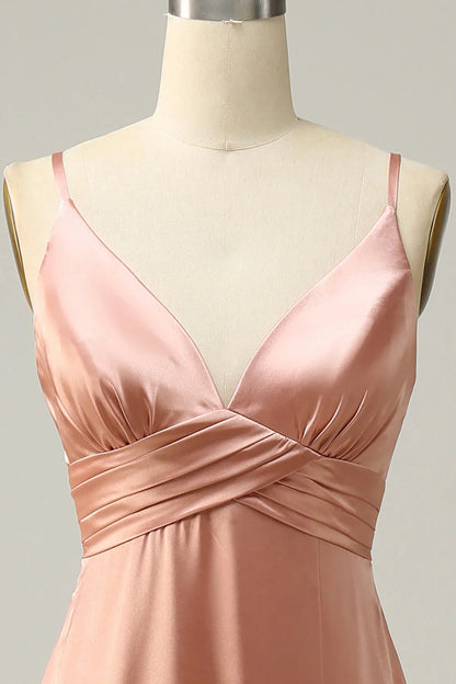 Powder blusher thin shoulder belt slit line bridesmaid dress