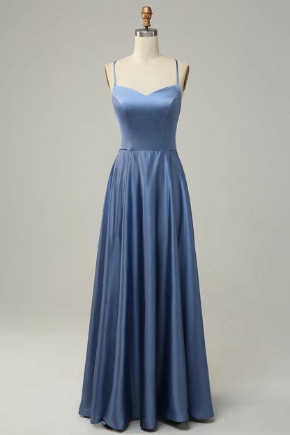 Grey blue neckline A-line long bridesmaid dress
