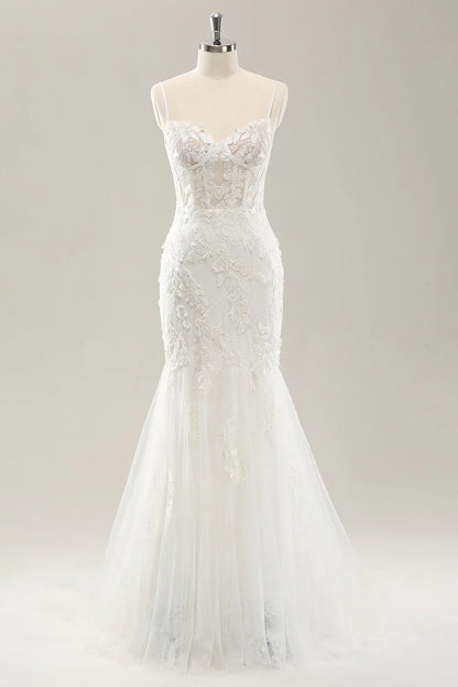 White mermaid thin shoulder strap decal lace tight corset wedding dress