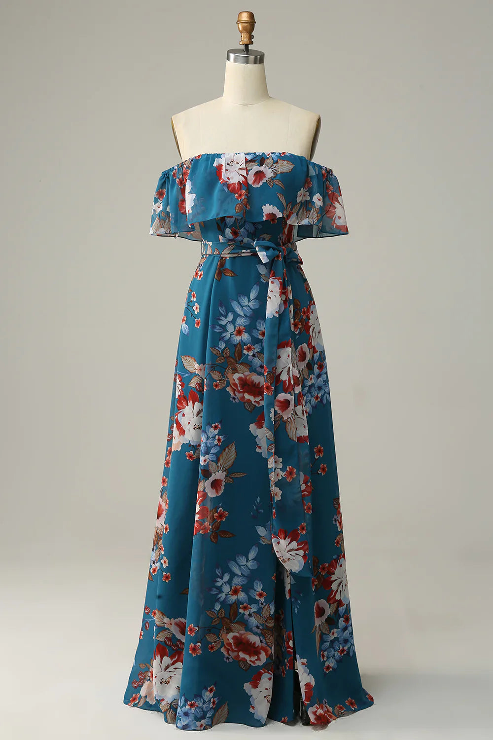 Dark Blue Floral Boho Chiffon Long Bridesmaid Dress