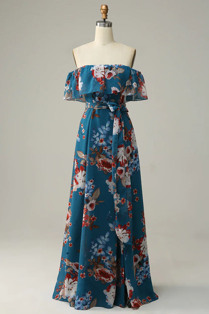 Dark Blue Floral Boho Chiffon Long Bridesmaid Dress