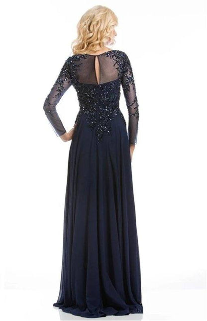 Navy Blue Mother Of The Bride Dresses A-line Long Sleeves Chiffon Beaded Formal Groom Long Mother Dresses For Wedding - RongMoon