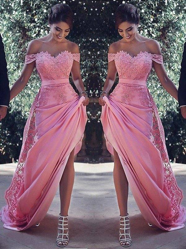 Sheath/Column Off-the-Shoulder Sleeveless Sweep/Brush Train Silk Like Satin Dresses - RongMoon