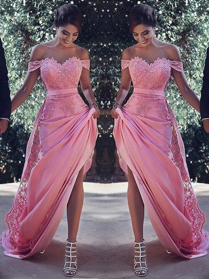 Sheath/Column Off-the-Shoulder Sleeveless Sweep/Brush Train Silk Like Satin Dresses - RongMoon