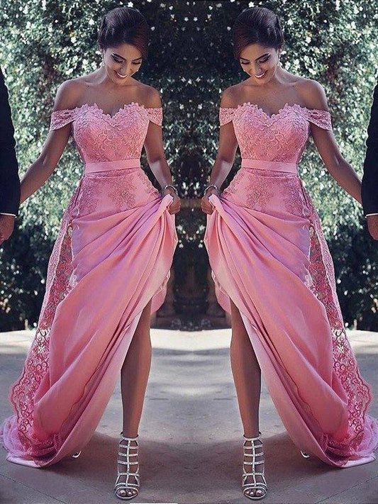 Sheath/Column Off-the-Shoulder Sleeveless Sweep/Brush Train Silk Like Satin Dresses - RongMoon