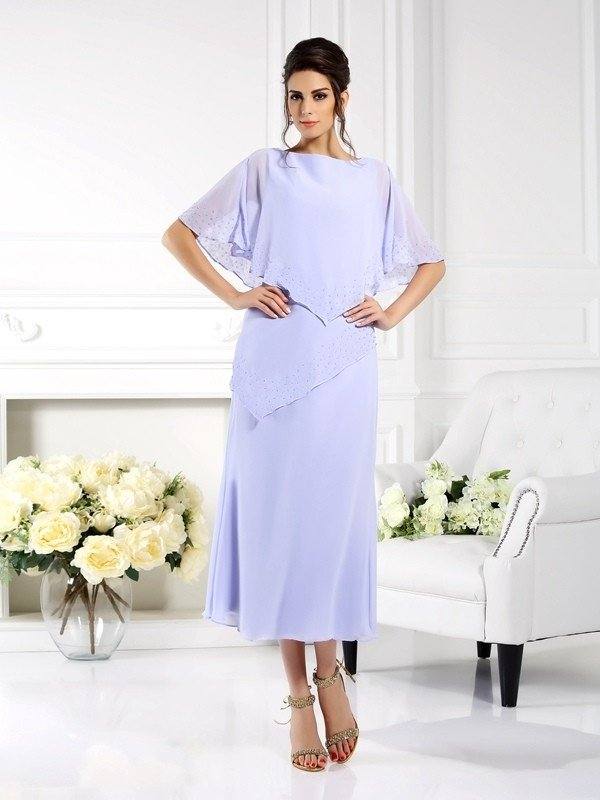 Sheath/Column Bateau 1/2 Sleeves Long Chiffon Mother of the Bride Dresses - RongMoon