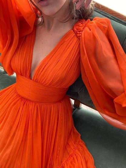 A-Line/Princess Sweep/Brush Train V-neck Long Sleeves 3D Chiffon Ruffles Dresses - RongMoon