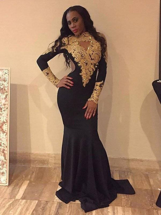 Trumpet/Mermaid Long Sleeves Bateau Spandex Applique Sweep/Brush Train Dresses - RongMoon