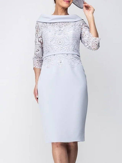 Sheath / Column Mother of the Bride Dress Elegant Jewel Neck Knee Length Satin 3/4 Length Sleeve with Sash / Ribbon Appliques Split Front - RongMoon