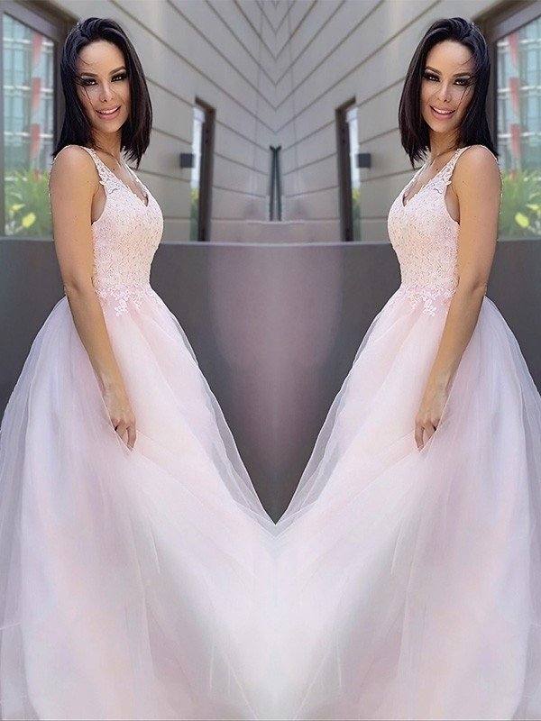 A-Line/Princess V-neck Sleeveless Applique Tulle Floor-Length Dresses - RongMoon