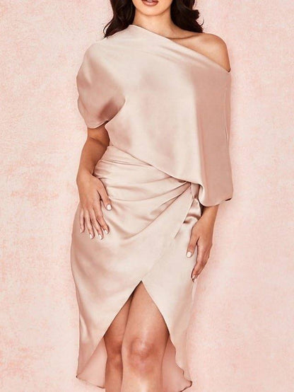 Sheath / Column Reformation Amante Minimalist Party Wear Cocktail Party Dress One Shoulder Half Sleeve Asymmetrical Charmeuse with Ruched Draping - RongMoon