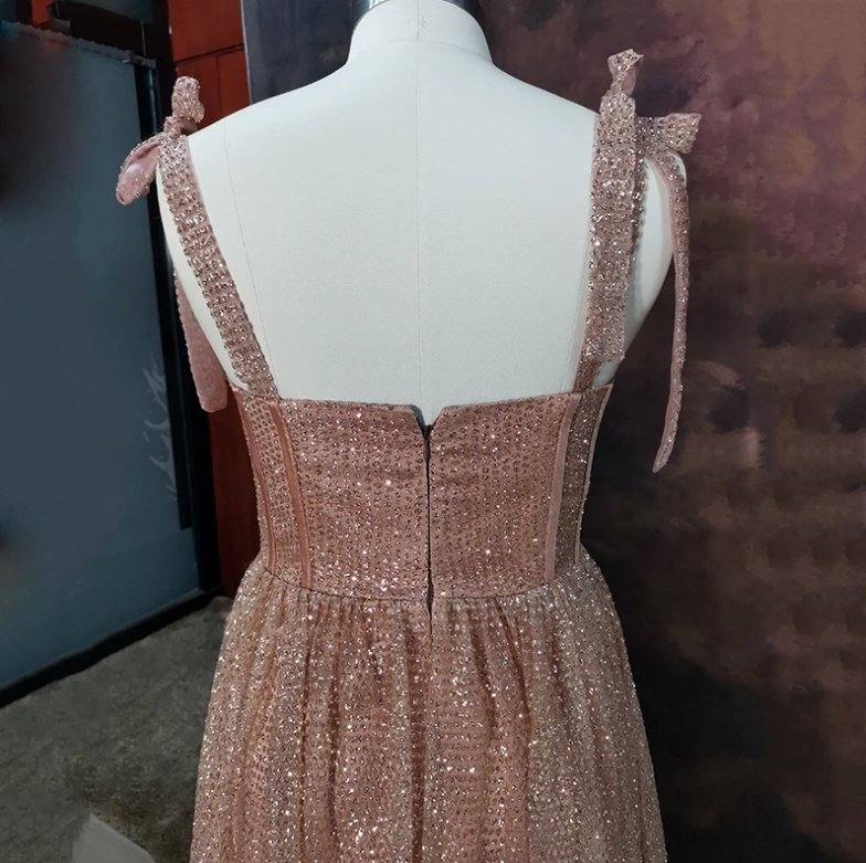 A-Line Glitter Prom Dress Rose Golden Sequined Evening Dress Floor Length Party Dresses Customized - RongMoon