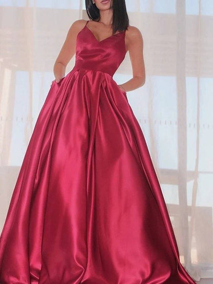 A-Line Minimalist Sexy Wedding Guest Prom Dress V Neck Spaghetti Strap Sleeveless Court Train Satin with Sleek - RongMoon