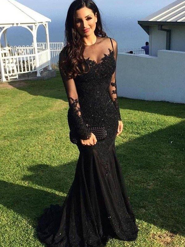 Trumpet/Mermaid Long Sleeves Sheer Neck Sweep/Brush Train Applique Spandex Dresses - RongMoon